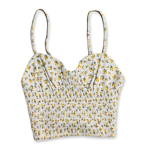 Forever 21 Bustier Smocked Tank Top in White + Yellow Floral Print | size Small - Picture 1 of 6